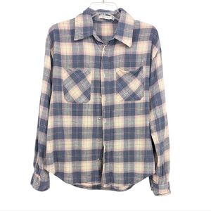 MNML Plaid Blue and Cream Metal Button Down Shirt Size Large Womens Fall Casual